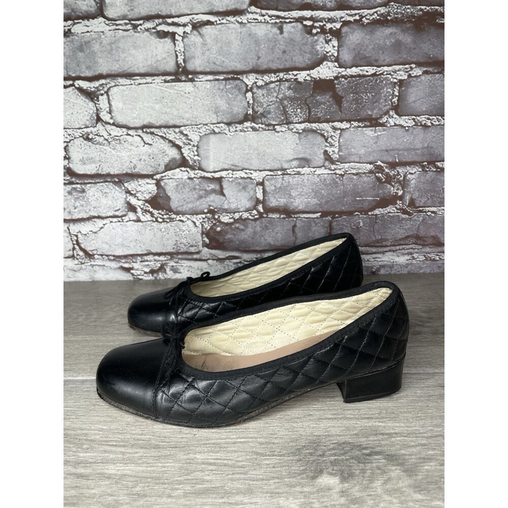 Hirica Black Quilted Leather Patent Cap Block Heels Shoes Women Sz 37EU/6.5M US